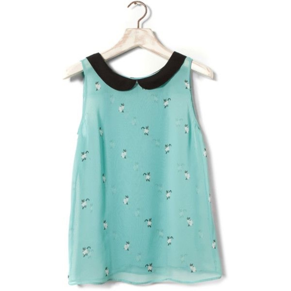 Cat Print Shirt with Peter Pan Collar